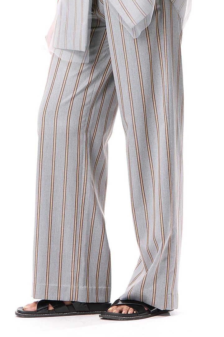 Grey Polyester Striped Pants by Kanika Goyal at Pernia's Pop Up Shop