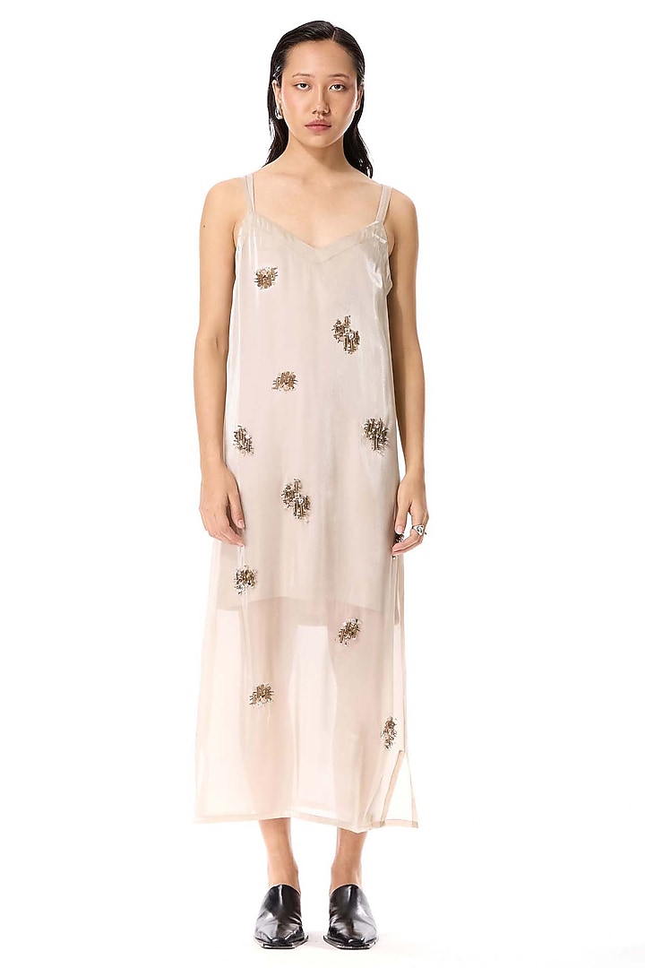 Beige Net & Satin Embellished Maxi Slip Vacation Dress by Kanika Goyal at Pernia's Pop Up Shop