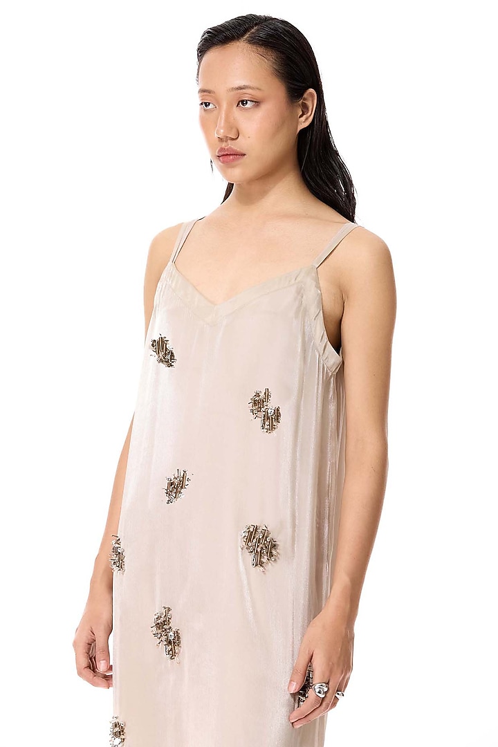 Beige Net & Satin Embellished Maxi Slip Vacation Dress by Kanika Goyal at Pernia's Pop Up Shop