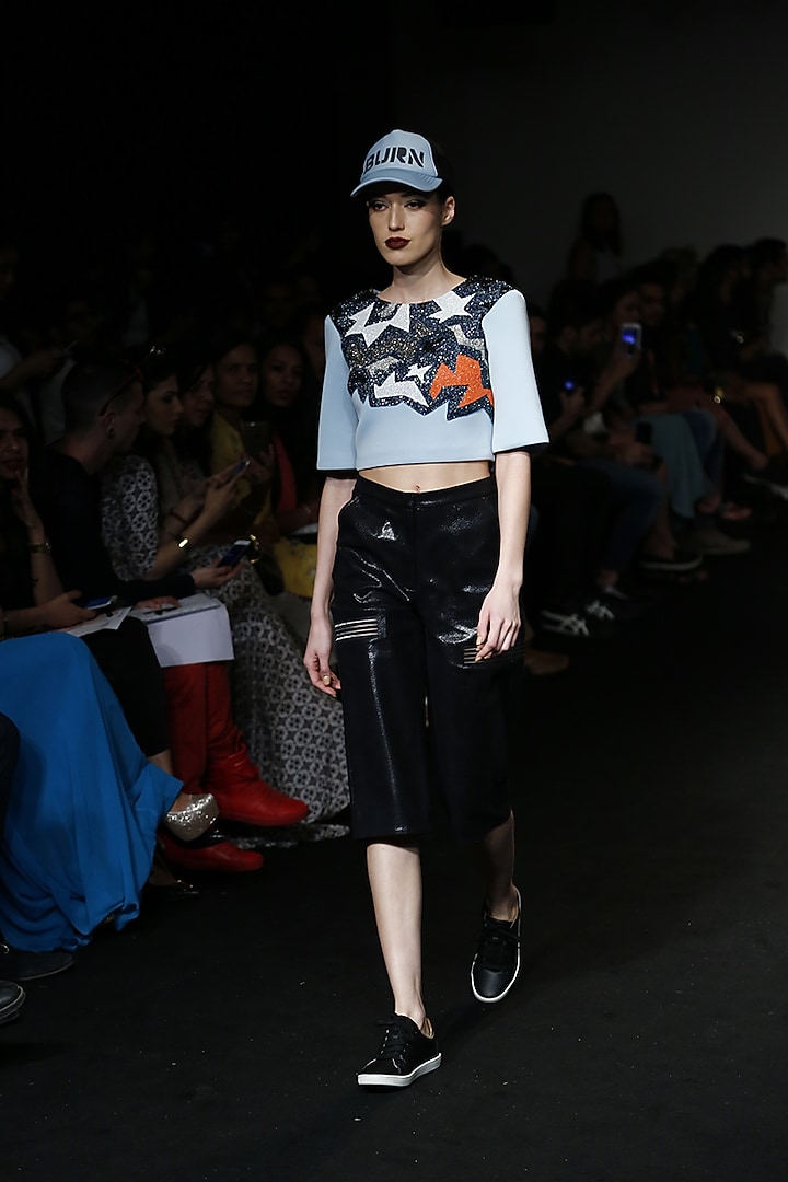 Powder blue embellished crop top available only at Pernia's Pop Up Shop.