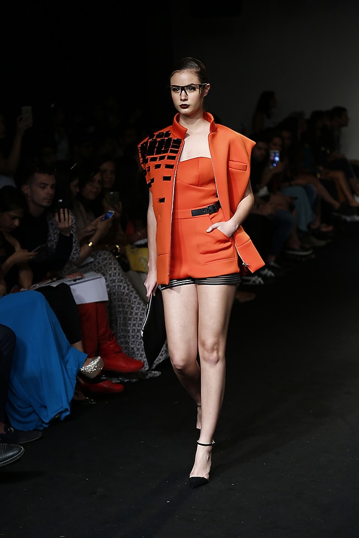 Orange and black bandage blocked playsuit available only at Pernia's Pop Up Shop.