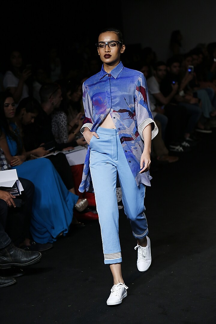 Blue gliched flight print shirt available only at Pernia's Pop Up Shop.