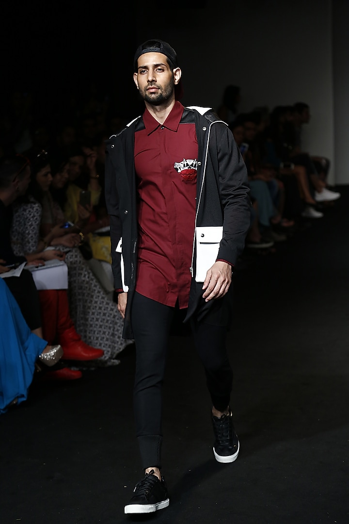 Maroon trippy monkey leather panelled mens shirt by Kanika Goyal