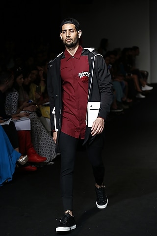 Maroon trippy monkey leather panelled mens shirt by Kanika Goyal Men