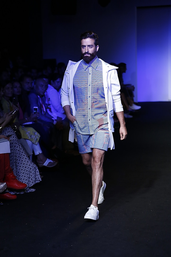 Blue gliched score printed shorts available only at Pernia's Pop Up Shop.