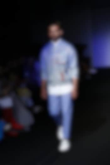 Blue gliched score printed bomber jacket available only at Pernia's Pop Up Shop.