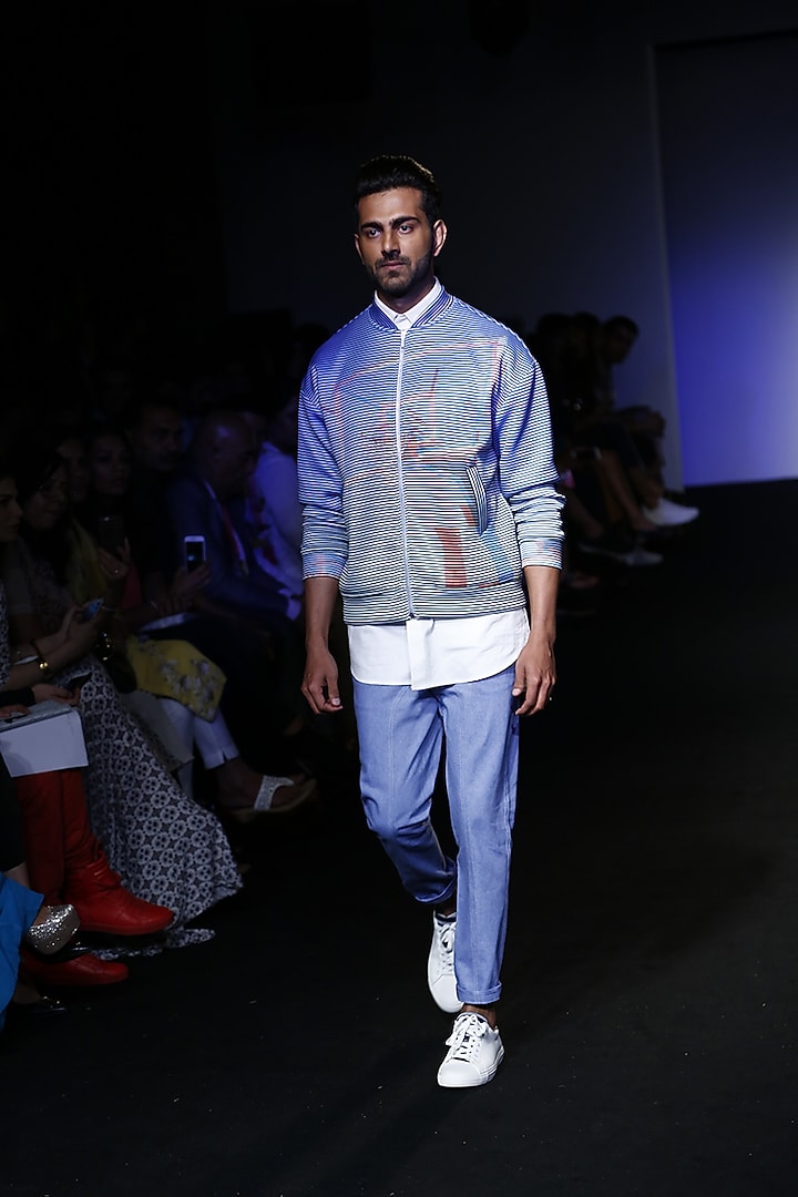 Blue gliched score printed bomber jacket available only at Pernia's Pop Up Shop.