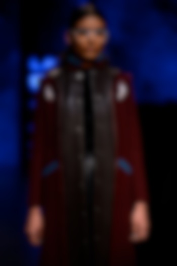 Maroon Leather Panel Front Open Long Coat by Kanika Goyal