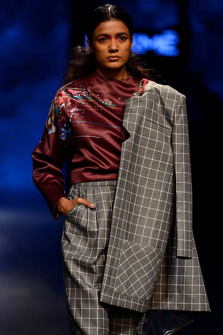 Grey and Maroon Panel Check Print Coat by Kanika Goyal