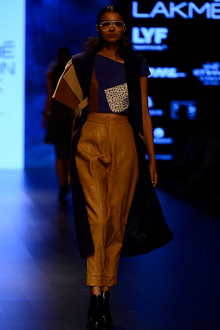 Tan Top Stitch Leather Pants by Kanika Goyal