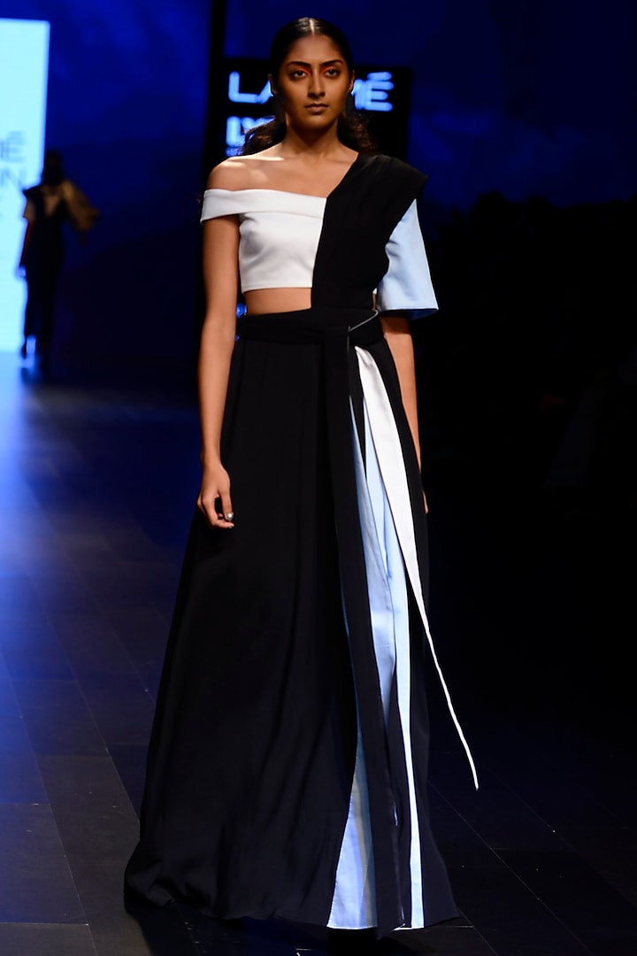 Black, White, Powder Blue Color Block Off Shoulder Gown by Kanika Goyal