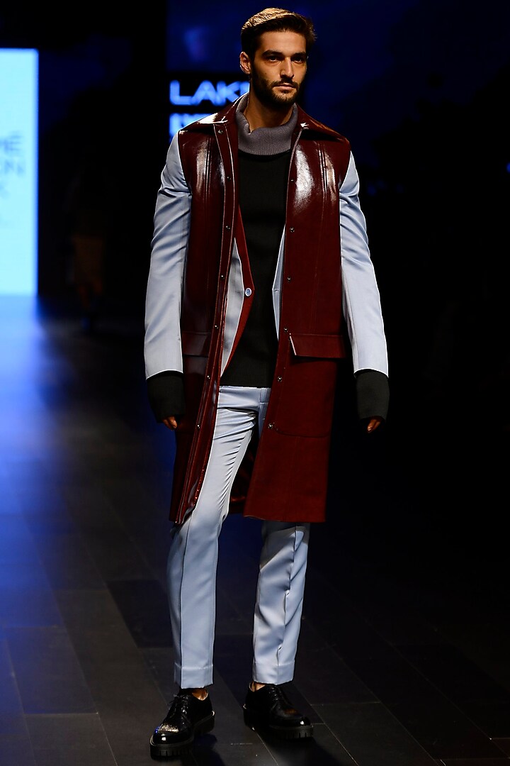 Maroon Menswear Sleeveless Leather Vest by Kanika Goyal