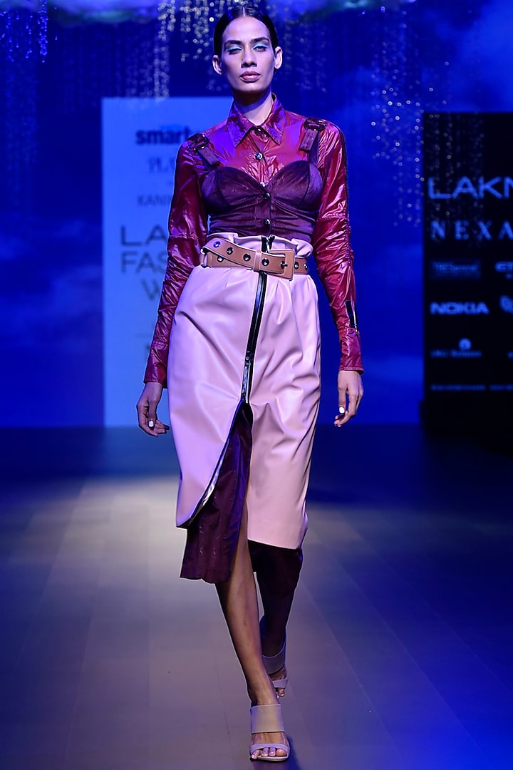 Pink Leather High Waisted Skirt by Kanika Goyal