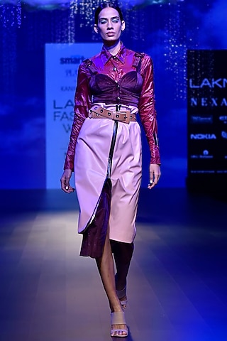 Pink Leather High Waisted Skirt by Kanika Goyal