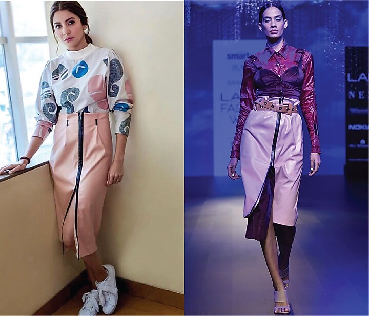Pink leather high waisted skirt available only at Pernia's Pop Up Shop.