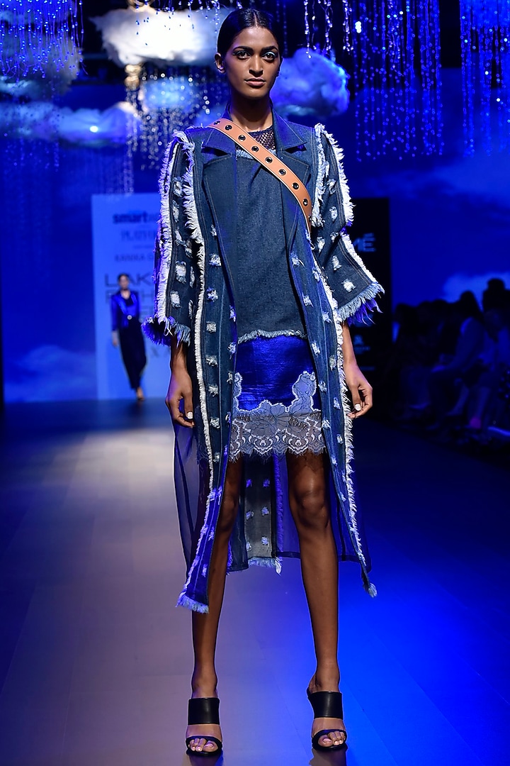 Blue Denim Mesh Dress by Kanika Goyal