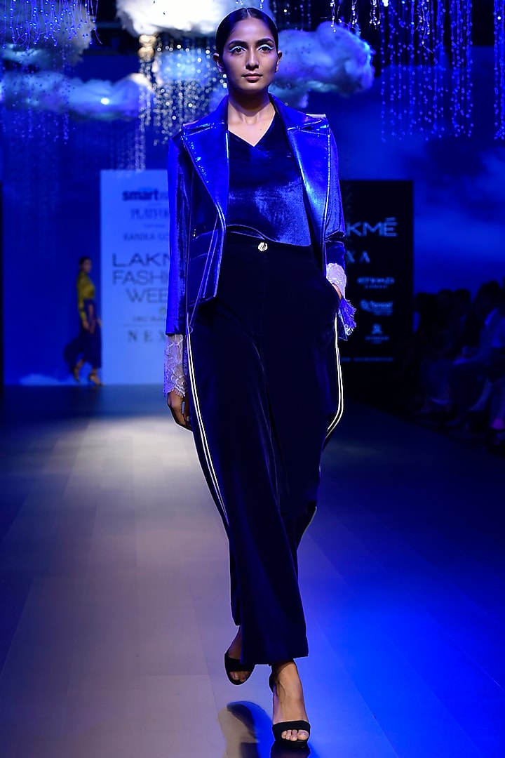 Electric Blue Sleeveless Bomber Jacket by Kanika Goyal