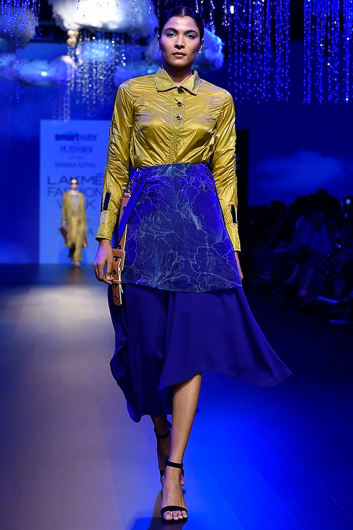 Electric Blue Asymmetrical Midi Skirt by Kanika Goyal