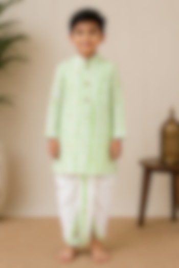 Green & White Chanderi Silk Striped Kurta Set For Boys by Kirti Agarwal Pret n Couture at Pernia's Pop Up Shop