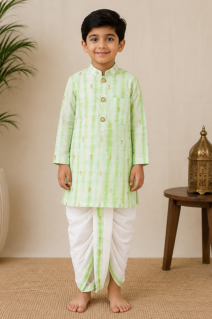 Green & White Chanderi Silk Striped Kurta Set For Boys by Kirti Agarwal Pret n Couture at Pernia's Pop Up Shop