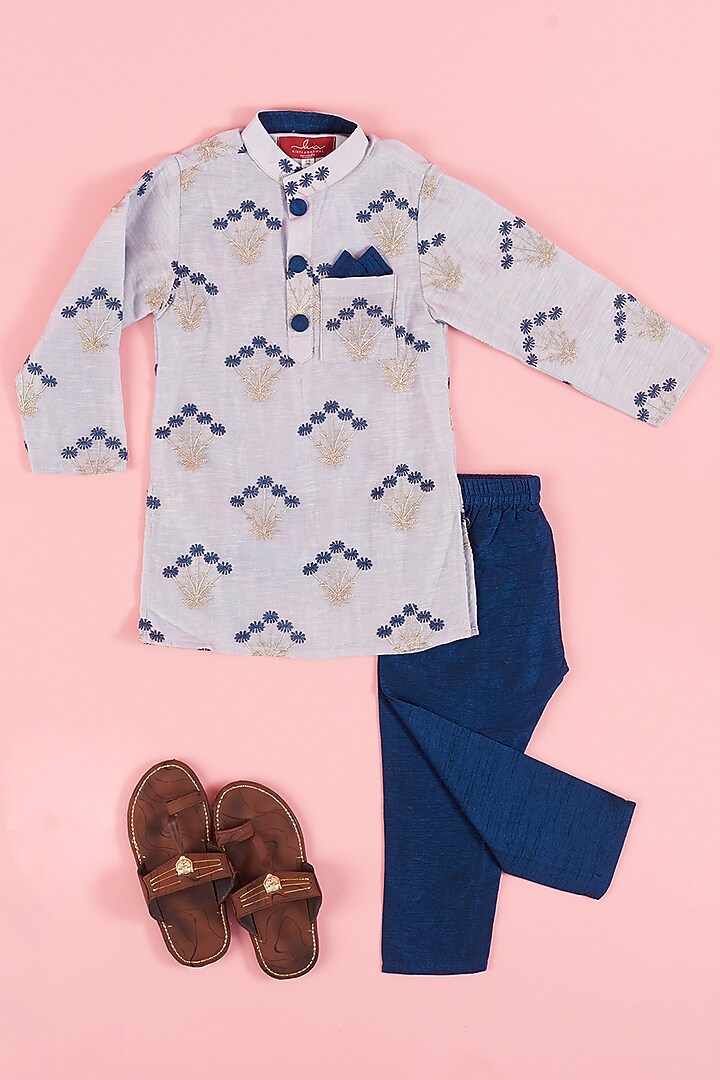Grey Pure Silk & Art Silk Embroidered Kurta Set For Boys by Kirti Agarwal Pret n Couture at Pernia's Pop Up Shop