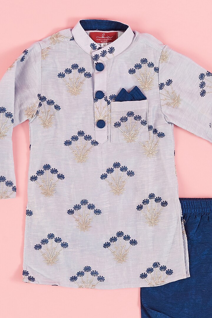 Grey Pure Silk & Art Silk Embroidered Kurta Set For Boys by Kirti Agarwal Pret n Couture at Pernia's Pop Up Shop