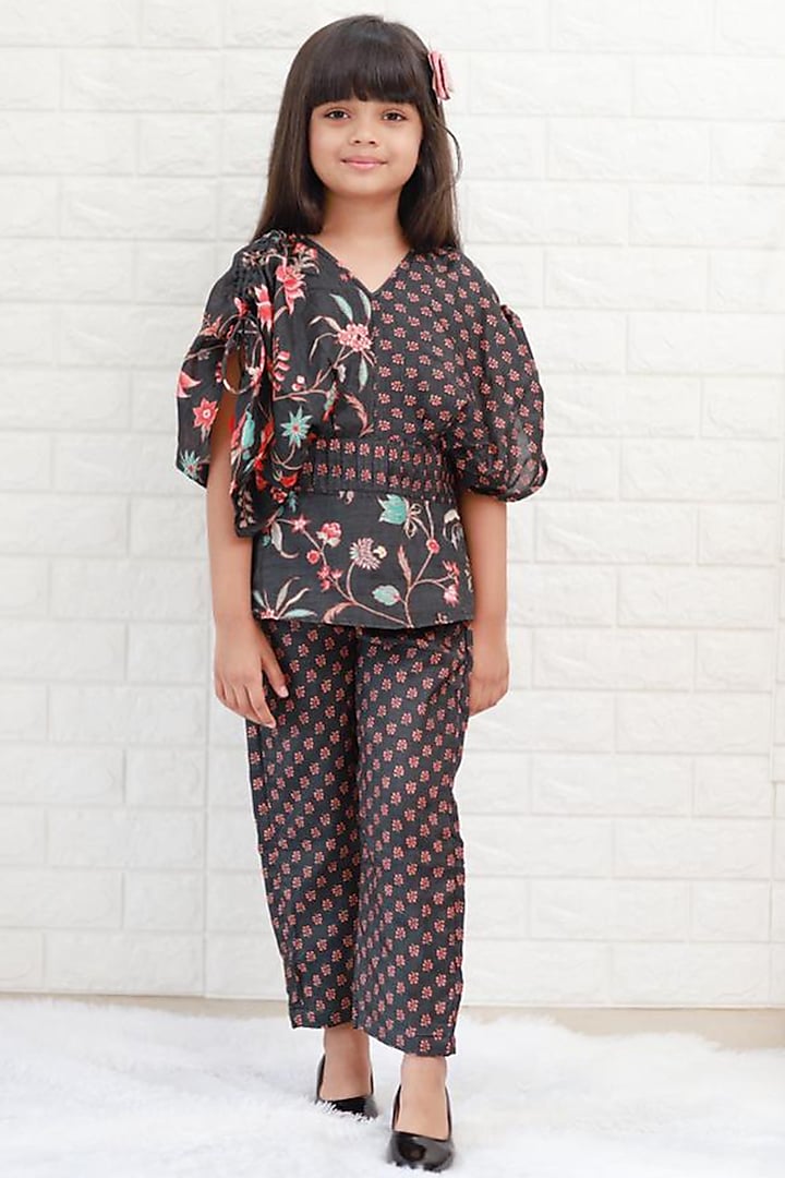 Black Dola Silk Printed Pant Set For Girls by Kirti Agarwal Pret n Couture