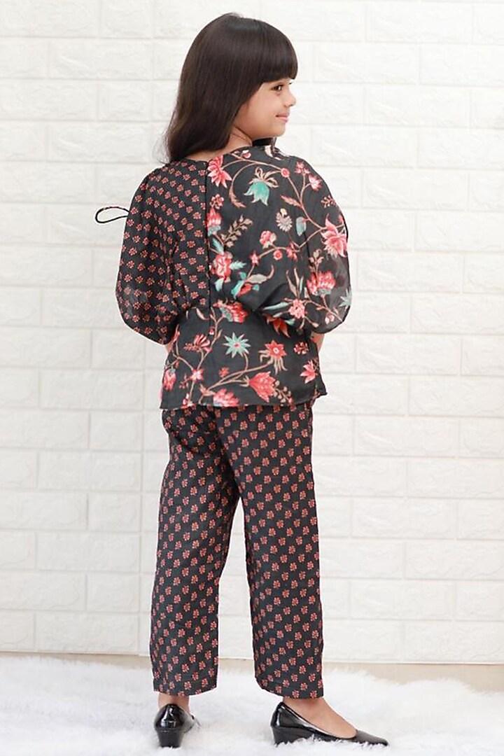 Black Dola Silk Printed Pant Set For Girls by Kirti Agarwal Pret n Couture at Pernia's Pop Up Shop