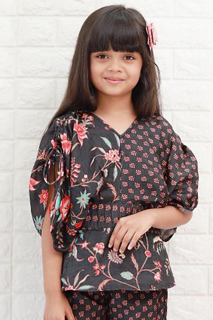 Black Dola Silk Printed Pant Set For Girls by Kirti Agarwal Pret n Couture at Pernia's Pop Up Shop