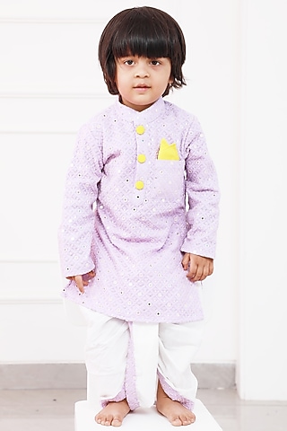 Off-White Georgette & Cotton Silk Embroidered Dhoti Set For Boys by Kirti Agarwal Pret n Couture