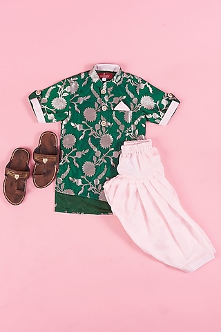 Green Brocade Embroidered Kurta Set For Boys by Kirti Agarwal Pret n Couture