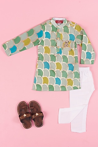Multi-Colored Brocade Embroidered & Printed Kurta Set For Boys by Kirti Agarwal Pret n Couture