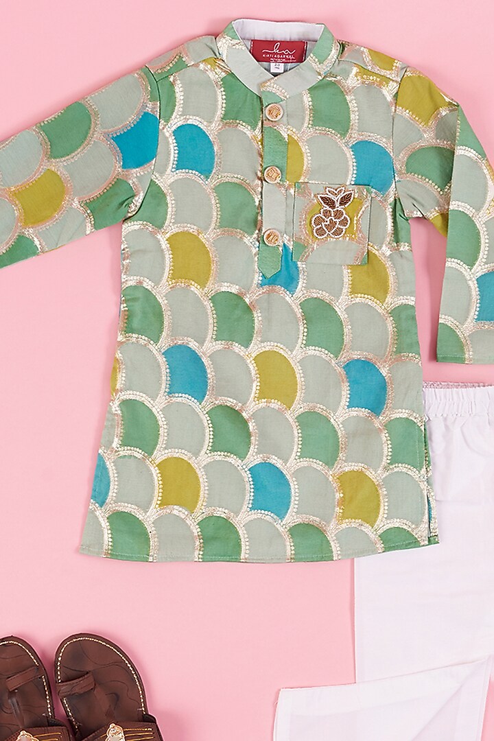 Multi-Colored Brocade Embroidered & Printed Kurta Set For Boys by Kirti Agarwal Pret n Couture at Pernia's Pop Up Shop