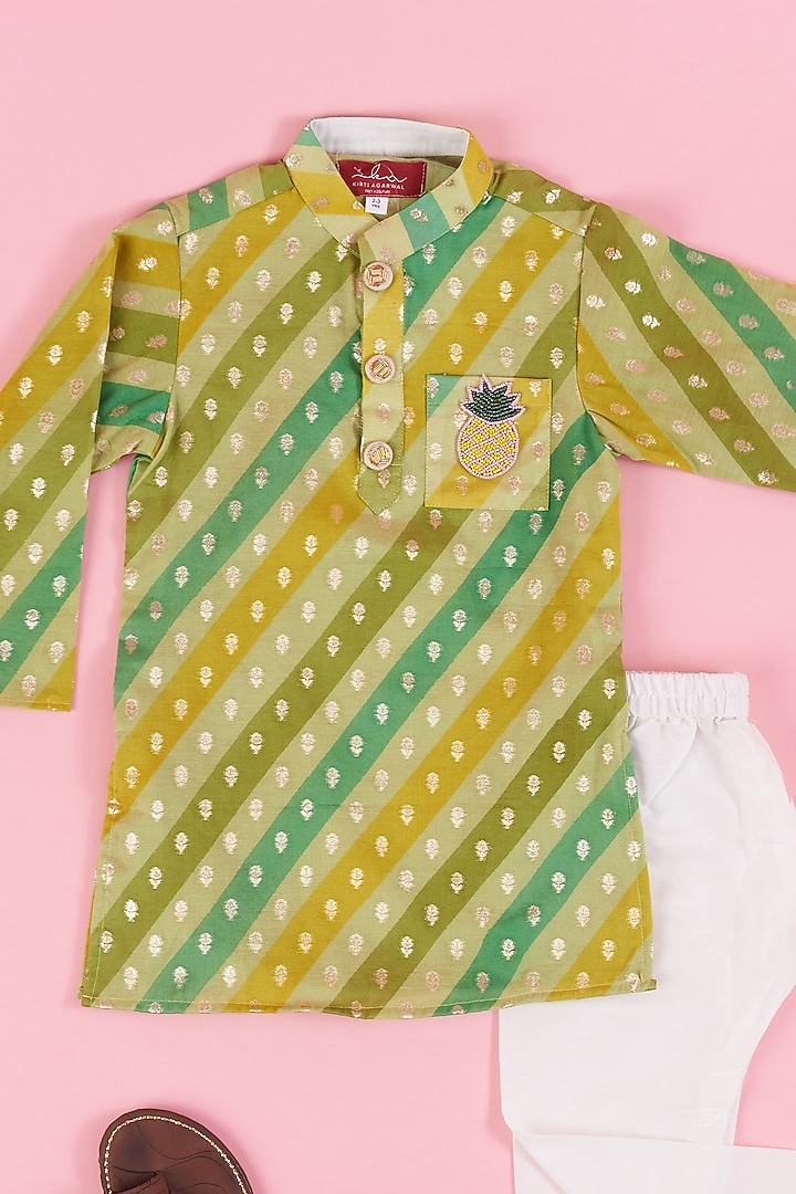 Green Brocade Embroidered & Printed Kurta Set For Boys by Kirti Agarwal Pret n Couture at Pernia's Pop Up Shop