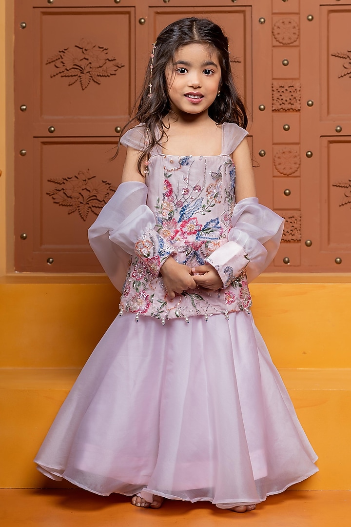 Lavender Organza Floral Embroidered Lehenga Set For Girls by Kirti Agarwal Pret n Couture at Pernia's Pop Up Shop