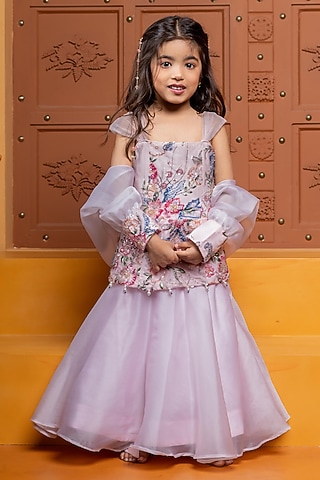 Dull Pink Satin Organza Lehenga Set For Girls by Kirti Agarwal Pret n Couture