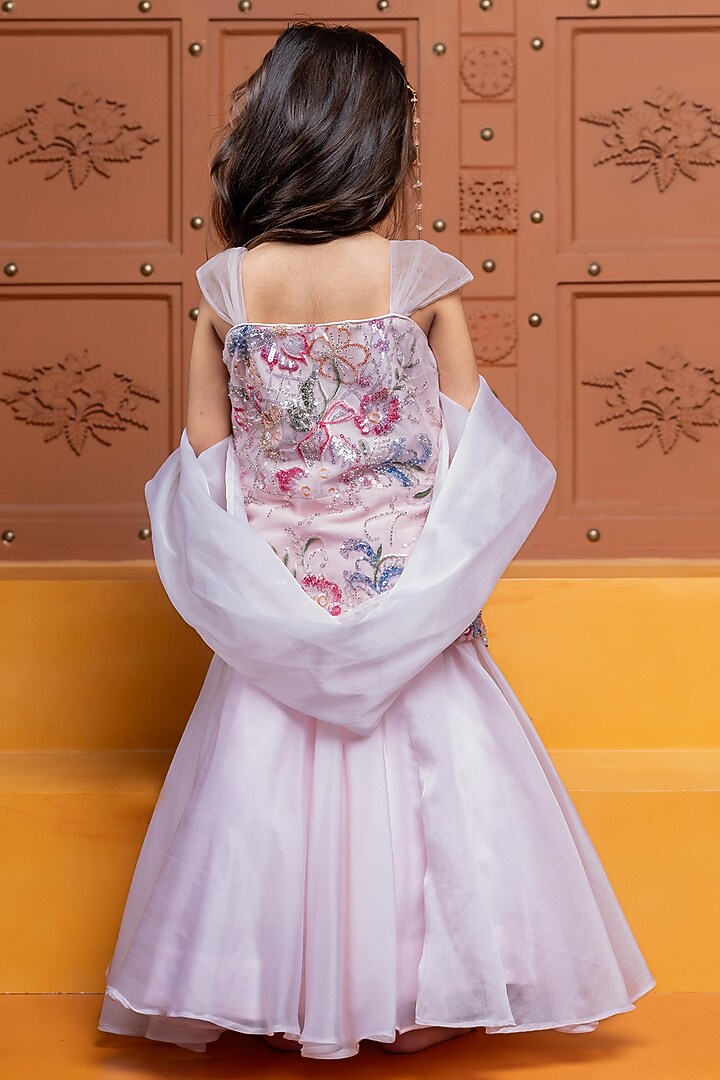 Dull Pink Satin Organza Lehenga Set For Girls by Kirti Agarwal Pret n Couture at Pernia's Pop Up Shop