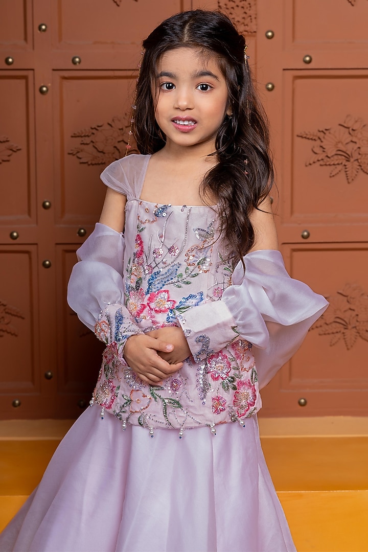 Dull Pink Satin Organza Lehenga Set For Girls by Kirti Agarwal Pret n Couture at Pernia's Pop Up Shop
