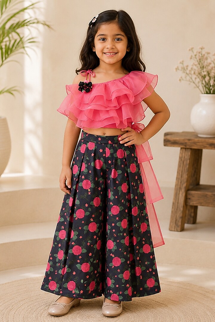 Black & Neon Fuchsia Floral Printed Pant Set For Girls by Kirti Agarwal Pret n Couture at Pernia's Pop Up Shop