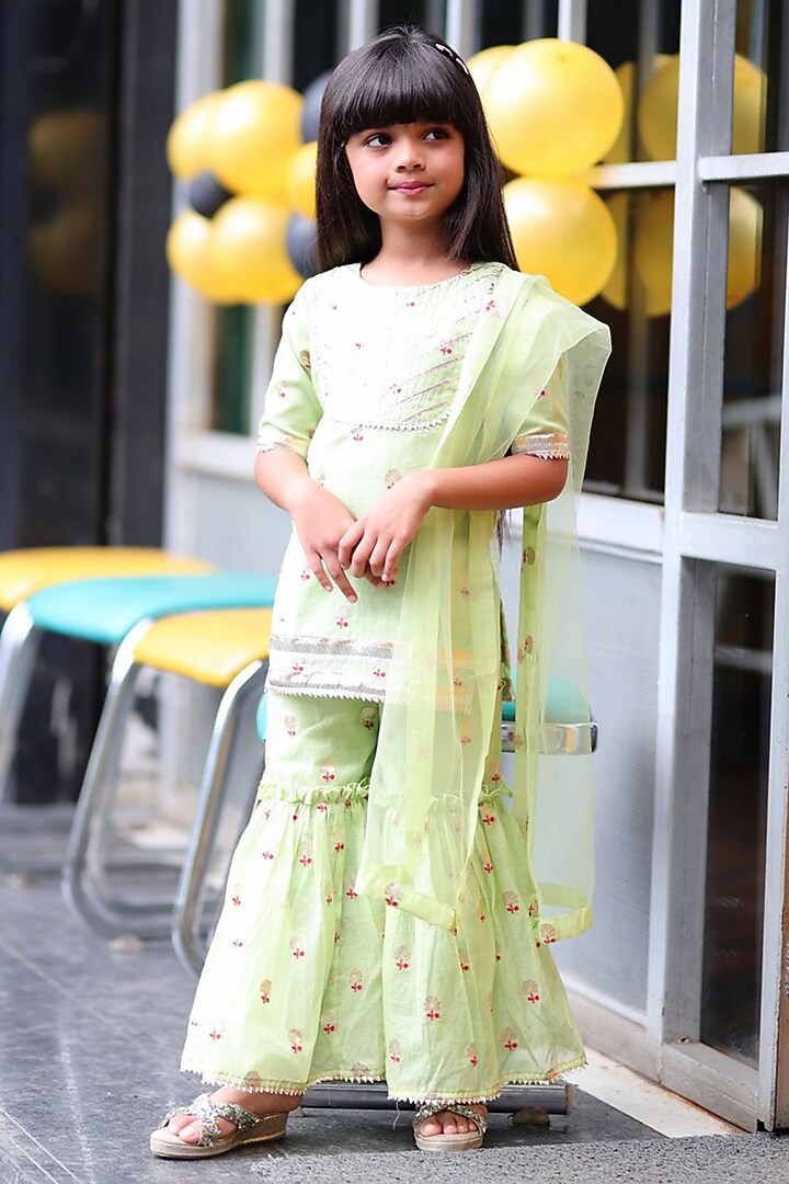 Light Green Chanderi Silk & Net Sharara Set For Girls by Kirti Agarwal Pret n Couture at Pernia's Pop Up Shop