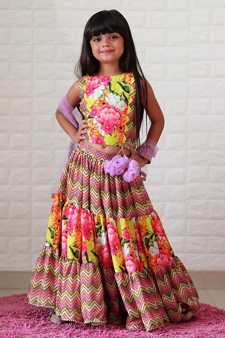 Multi-Colored Mulmul Silk Three-Tiered Lehenga Set For Girls by Kirti Agarwal Pret n Couture at Pernia's Pop Up Shop