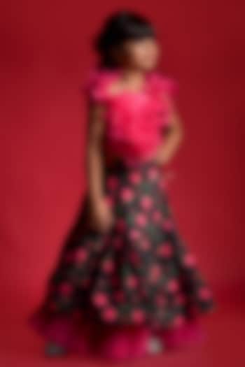 Candy Pink & Black Floral Printed Skirt Set For Girls by Kirti Agarwal Pret n Couture at Pernia's Pop Up Shop