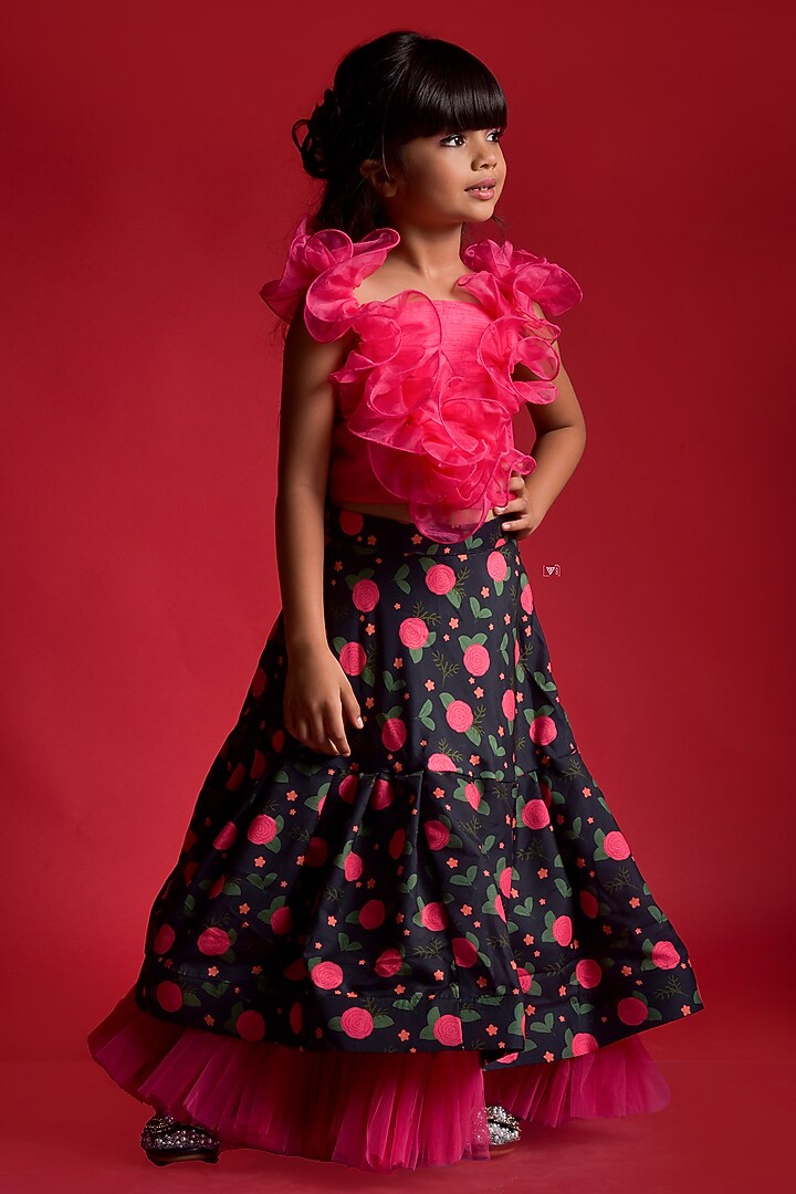Candy Pink & Black Floral Printed Skirt Set For Girls by Kirti Agarwal Pret n Couture at Pernia's Pop Up Shop