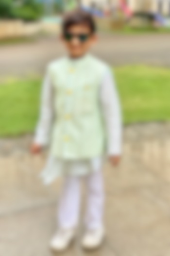 Mint Blue Kurta Set With Embroidered Nehru Jacket For Boys by Kirti Agarwal Pret n Couture at Pernia's Pop Up Shop