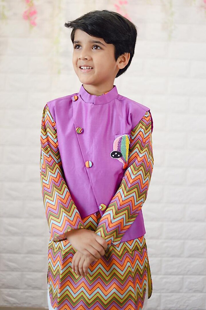 Multi-Colour Kurta Set With Purple Bundi Jacket For Boys by Kirti Agarwal Pret n Couture at Pernia's Pop Up Shop