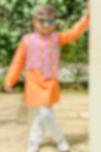 Orange Kurta Set With Printed Bundi Jacket For Boys by Kirti Agarwal Pret n Couture at Pernia's Pop Up Shop