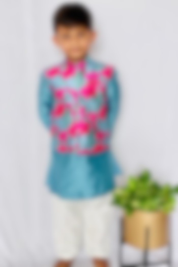 Paisley Blue & Pink Kurta Set With Bundi Jacket For Boys by Kirti Agarwal Pret n Couture at Pernia's Pop Up Shop
