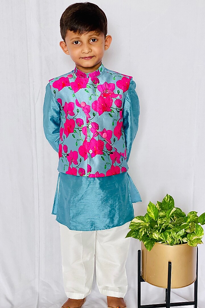 Paisley Blue & Pink Kurta Set With Bundi Jacket For Boys by Kirti Agarwal Pret n Couture at Pernia's Pop Up Shop