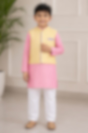 Yellow & Pink Kurta Set With Bundi Jacket For Boys by Kirti Agarwal Pret n Couture at Pernia's Pop Up Shop