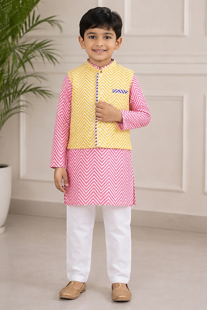 Yellow & Pink Kurta Set With Bundi Jacket For Boys by Kirti Agarwal Pret n Couture at Pernia's Pop Up Shop